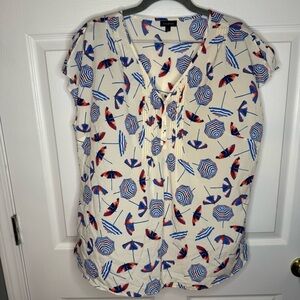 Talbots Blouse Beach Umbrella Print Lightweight Nautical Pleated Size Large GUC